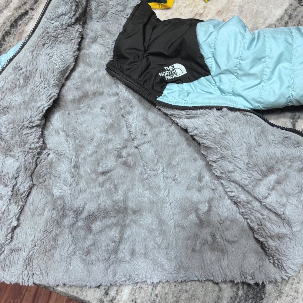 The North Face Reversible Mossbud Swirl Jacket Blue Grey Girls XS‎ 6 Fleece Puff